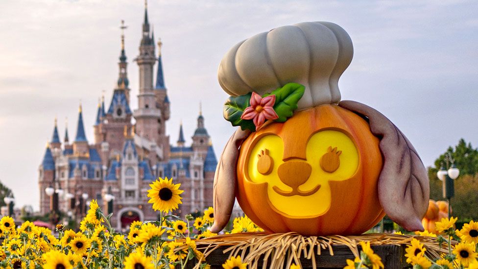 Pumpkin lanterns are on display at Shanghai Disneyland on 23 September 2022