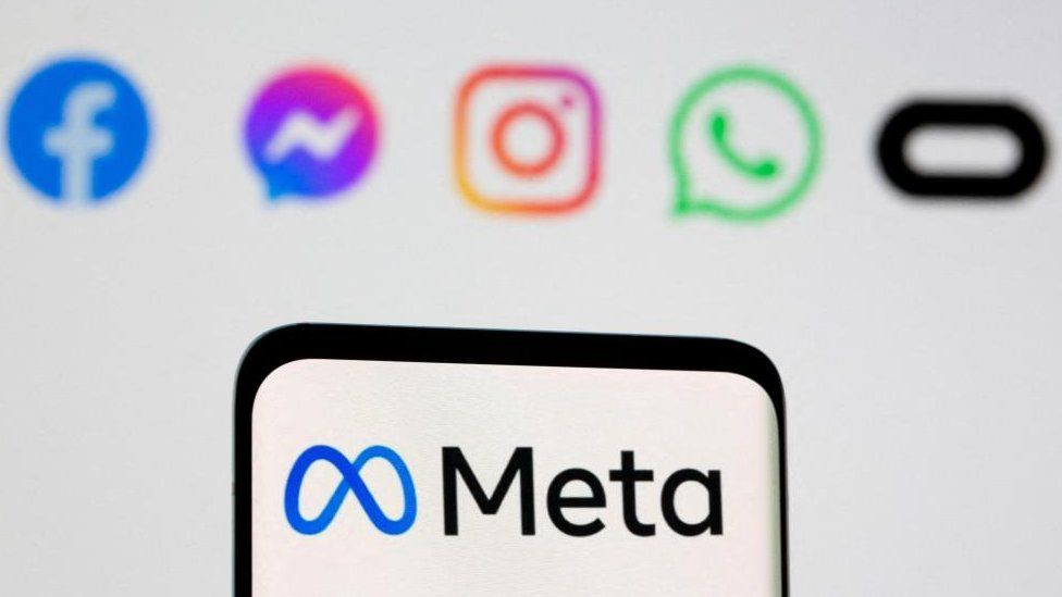 A photo that shows meta with Facebook, Messenger, Instagram and WhatsApp logos above