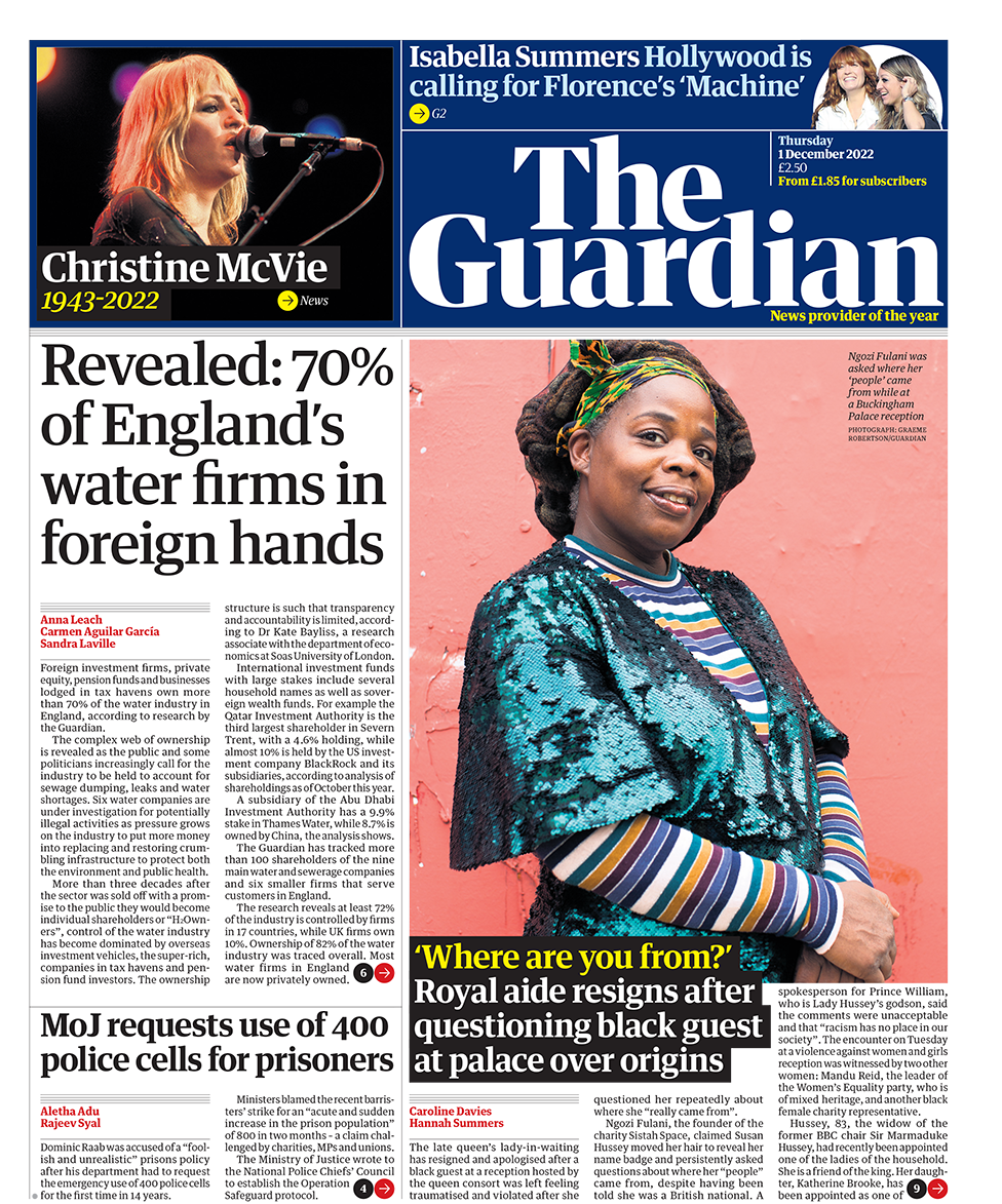 Главный заголовок на первой странице Guardian гласит: «Выявлено: 70% английских компаний, занимающихся водоснабжением, находятся в руках иностранцев»