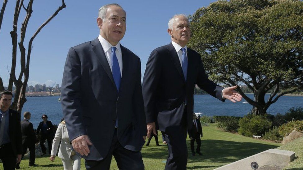 Mr Netanyahu and Mr Turnbull walk outside Kirribilli House, the official Sydney residence of Australian prime ministers