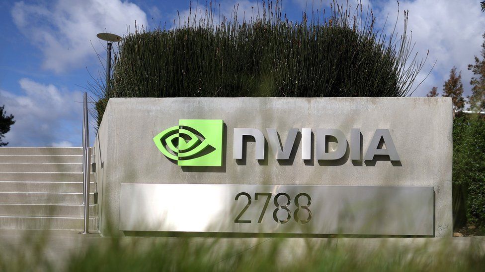 Знак размещен перед штаб-квартирой Nvidia 22 февраля 2023 года в Санта-Кларе, Калифорния.