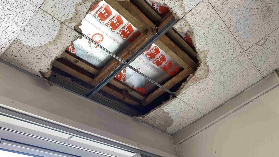 Hole in the ceiling at Tiverton High School