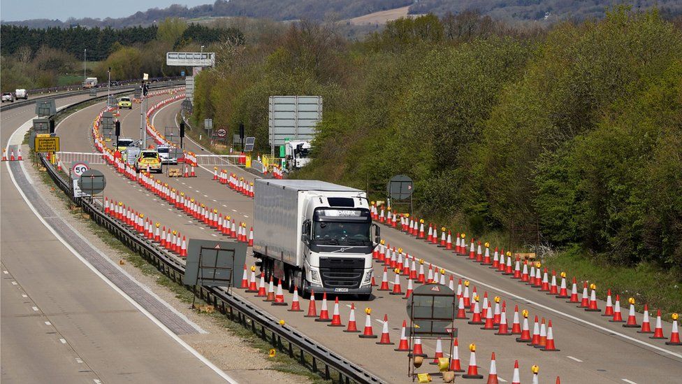 A view of lorries using Operation Brock on the M20 near Ashford in Kent.