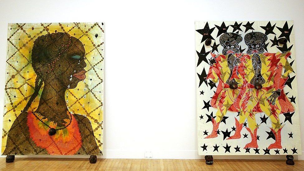 No Woman, No Cry (left) and another artwork by Chris Ofili on display