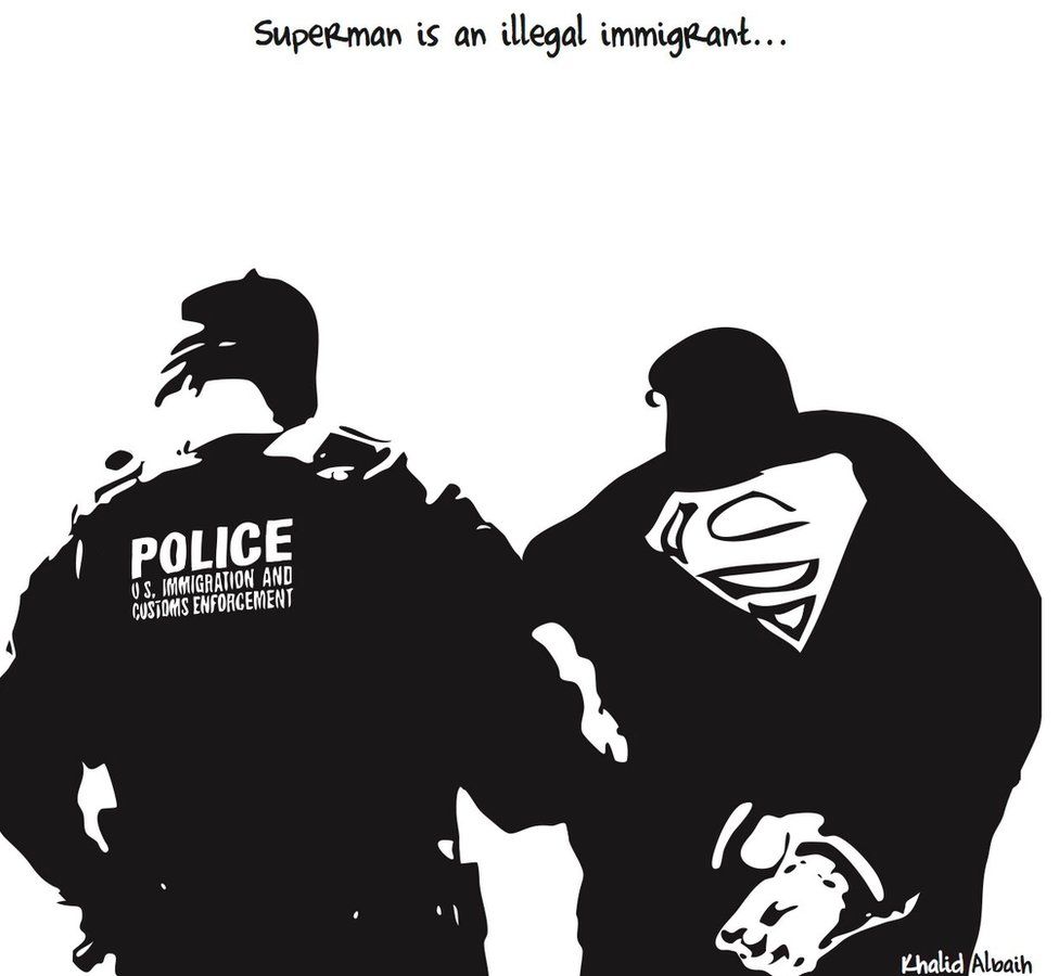 A cartoon showing Superman being arrested by immigration officials in the US