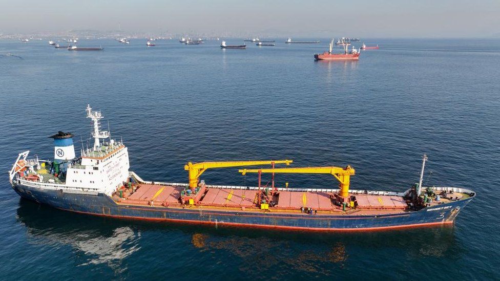 The Joint Coordination Centre officials board cargo ship Mehmet Bey as she waits to pass the Bosphorus strait off the shores of Yenikapi during a misty morning in Istanbul, Turkey, October 31, 2022.