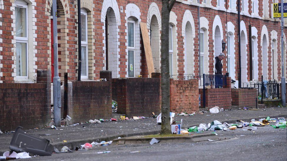 Rubbish ands debris on a street in Belfast's Holyland after St Patrick's Day