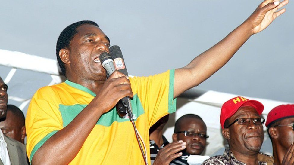 Hakainde Hichilema, leader of Zambia's main opposition United Party for National Development (UPND), addresses supporters on January 18, 2015 at Woodlands Stadium in Lusaka ahead of the country's January 20 presidential election.
