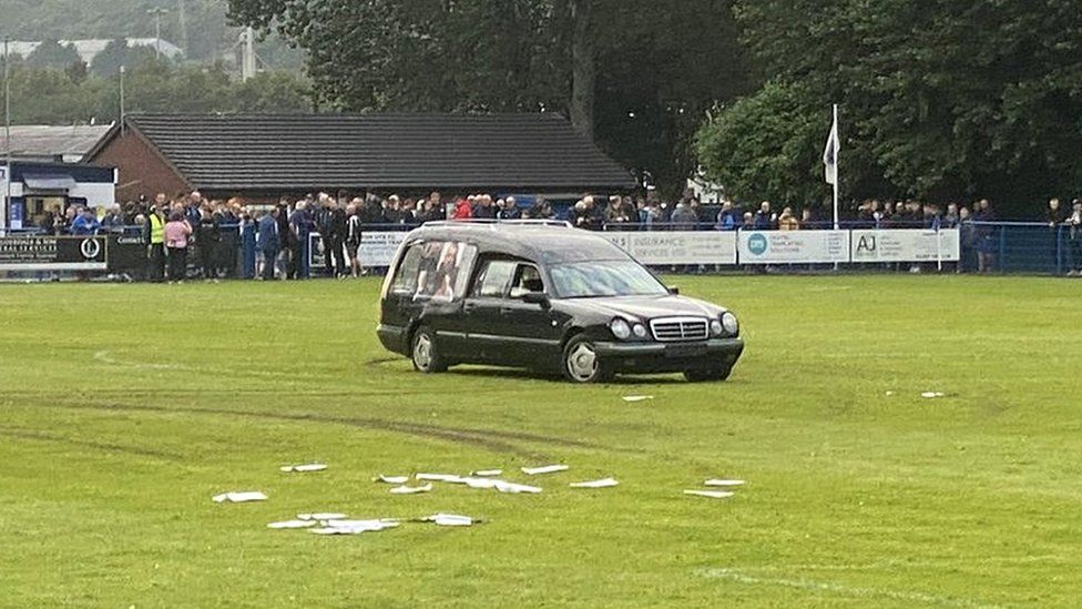 A hearse on Gateshead FC's pitch