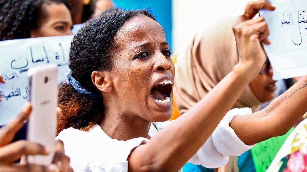 Women chant slogans during a demonstration calling for the repeal of family law in Sudan, on the occasion of International Women's Day, outside the Justice Ministry headquarters in the capital Khartoum on March 8, 2020.
