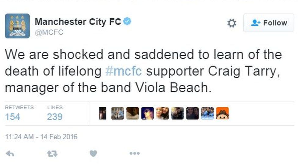 Tweet from MCFC about death of Craig Tarry
