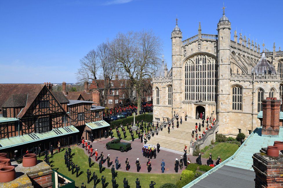 The Duke of Edinburgh's coffin, covered with his Personal Standard, is carried into St George's Chapel, Windsor Castle, Berkshire, ahead of the funeral of the Duke of Edinburgh
