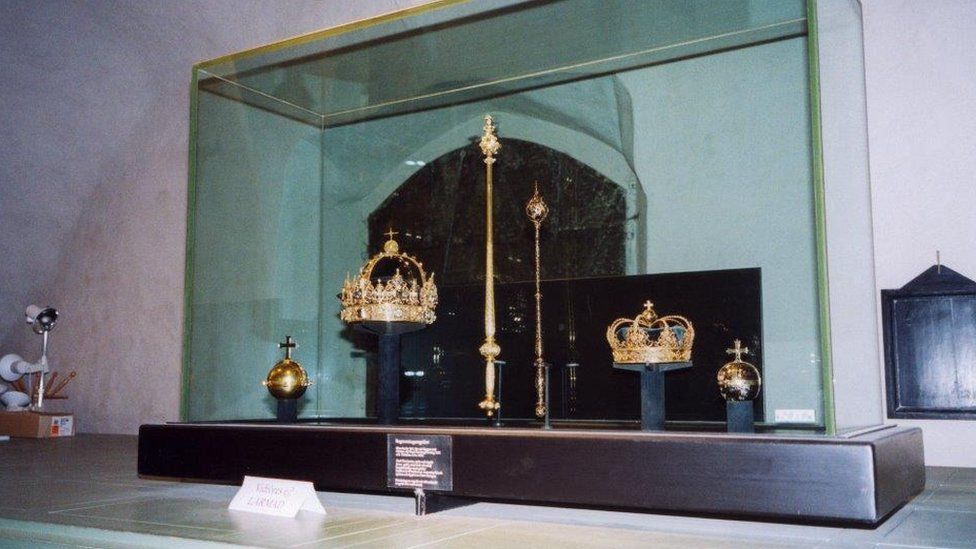 Södermanland Swedish Royal funeral regalia in the cathedral 2004 Charles IX Funeral Crown,Karl X Gustav Funeral Crown and sceptre and Orb