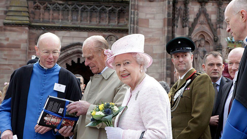 Queen Elizabeth II and Prince Philip, Duke of Edinburgh visit Hereford Cathedral on July 11, 2012 in Hereford, England. The visit is part of the Queen and Duke of Edinburgh's Diamond Jubilee tour