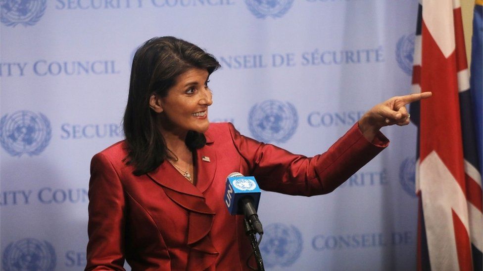 United Nations Ambassador Nikki Haley speaks to the media