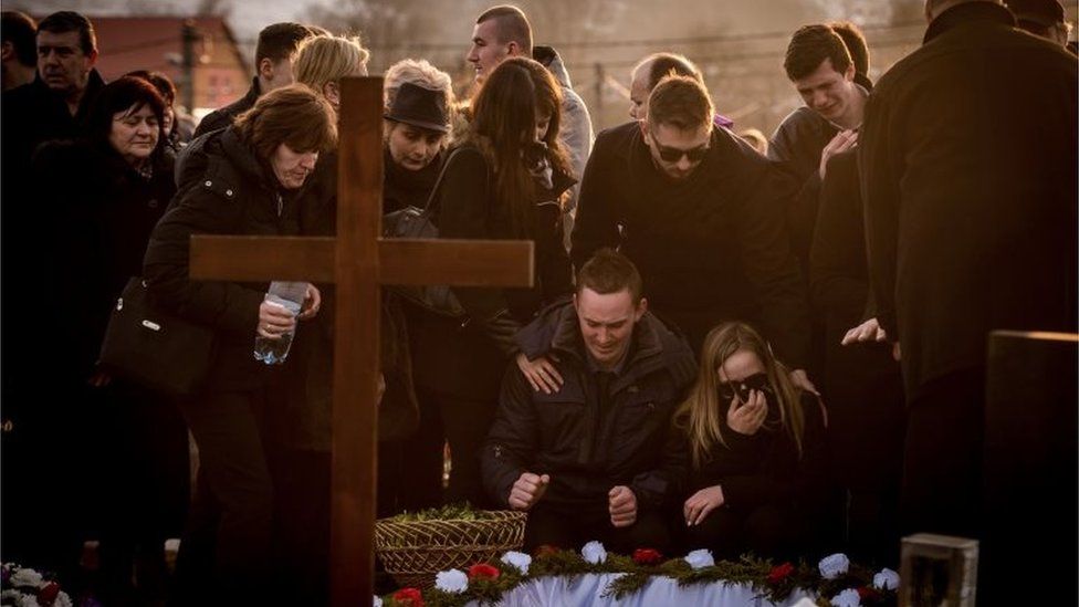 Relatives and friends attend a funeral of murdered Slovak investigative journalist Jan Kuciak in Stiavnik, Slovakia, on Â March 3, 2018.