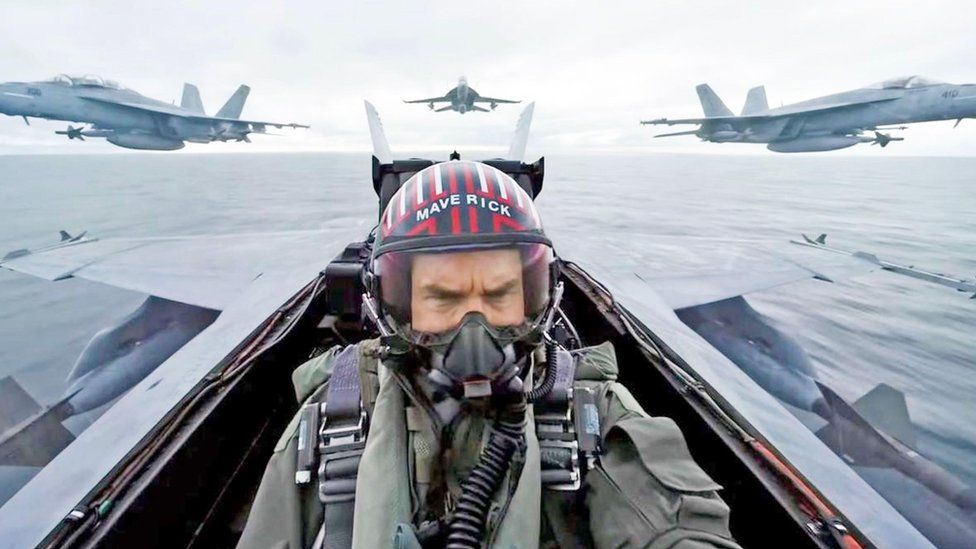 A still from the Top Gun: Maverick film shows Tom Cruise flying in a jet