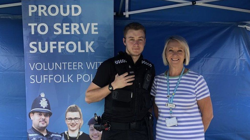 Suffolk Police officer and Karen Harris promoting volunteering scheme
