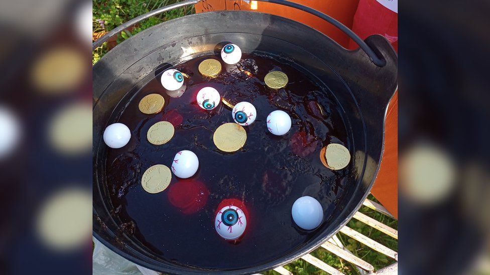 chocolate coins in a frying pan with eyeballs
