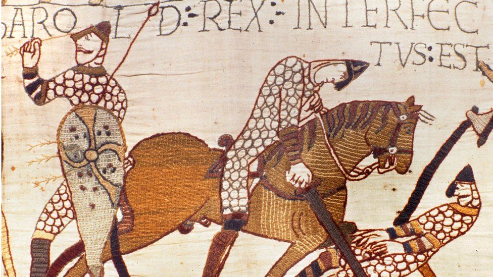 King Harold (left) killed by an arrow at Hastings, as shown in the Bayeux Tapestry.