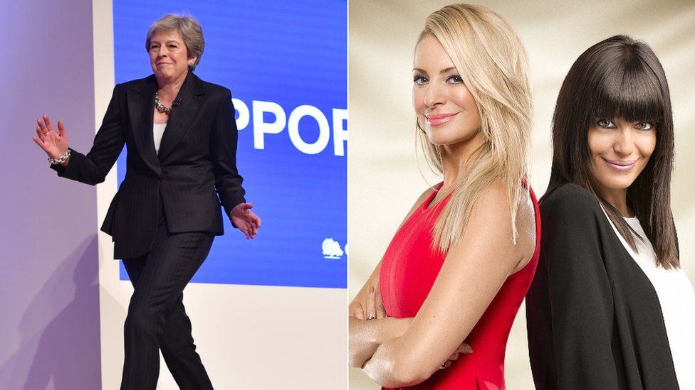 Theresa May and Tess Daly and Claudio Winkleman