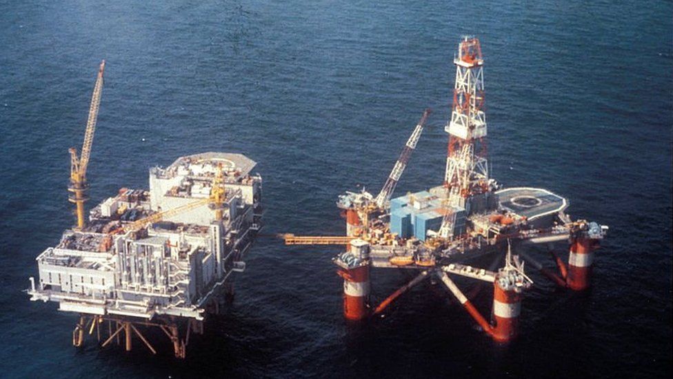 Aerial view of two oil rigs