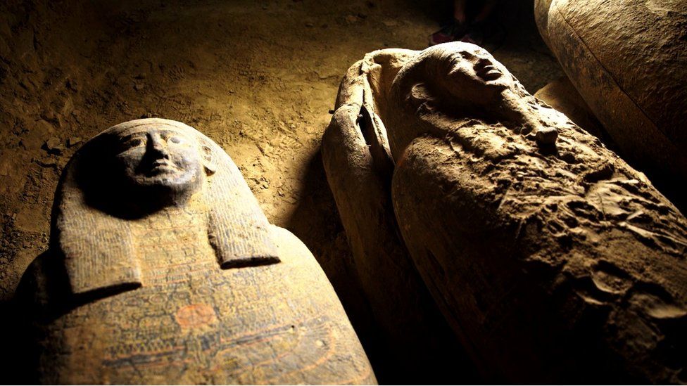 Some of the coffins discovered at an ancient burial shaft at an Egyptian necropolis near Cairo, 9 September 2020