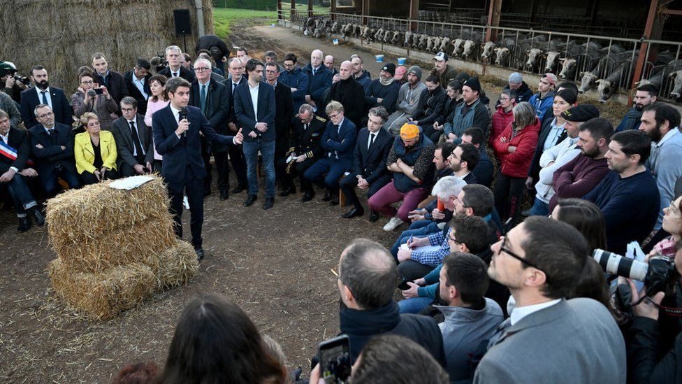 French Prime Minister Gabriel Attal speaks during a visit in a farm in Montastruc-de-Salies, southwestern France on January 26