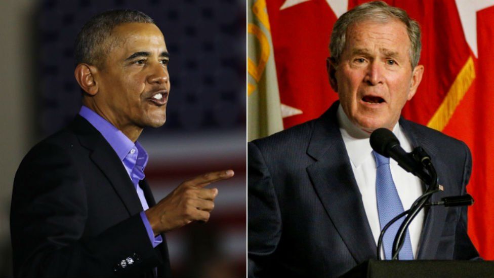 Former presidents Barack Obama (left) and George W Bush speak at different events on 19 October 2017