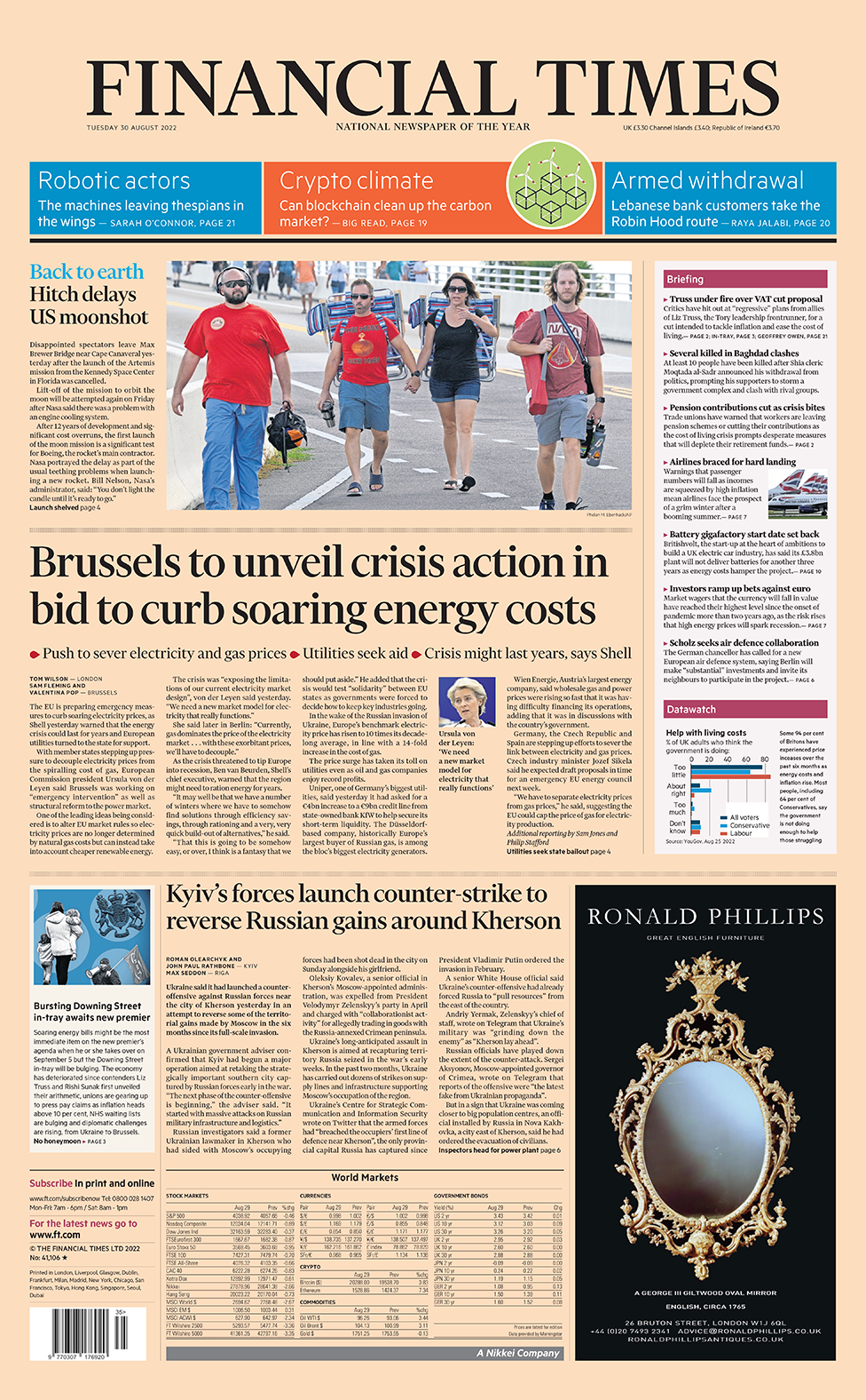 The headline in the Financial Times reads 'Brussels to unveil crisis action in bid to curb soaring energy costs'