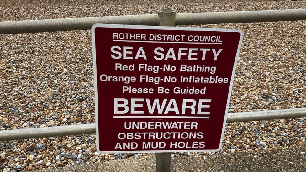 A sea safety sign at Bexhill beach