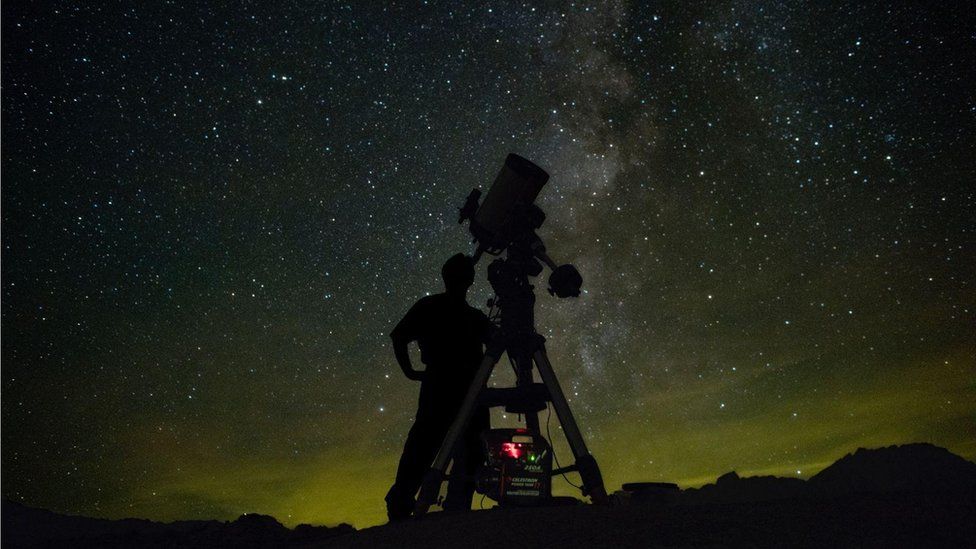 Astronomer with a telescope looking up at starry night sky