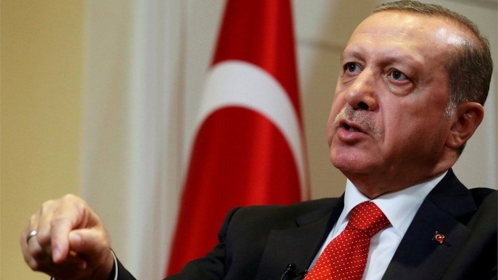 Turkish President Tayyip Erdogan speaks during an interview in New York on September 19, 2016.