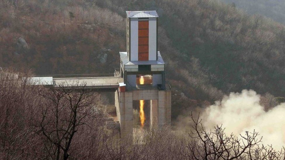 A new engine for an intercontinental ballistic missile (ICBM) is tested at a test site at Sohae Space Centre in Cholsan County, North Pyongan province in North Korea (file photo)