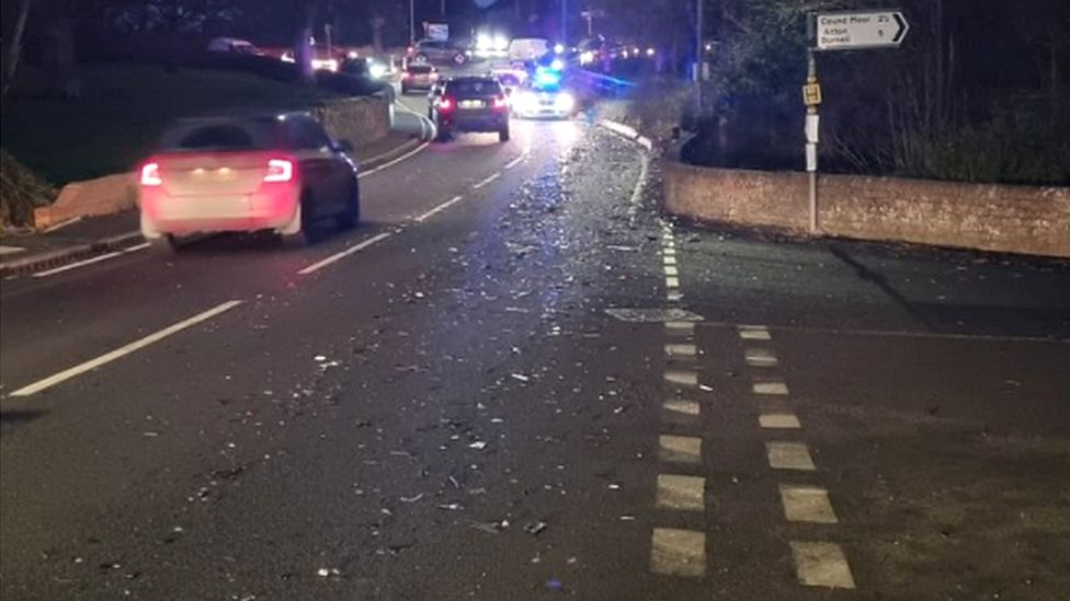 Plastic shards litter busy A458 as lorry sheds load BBC News