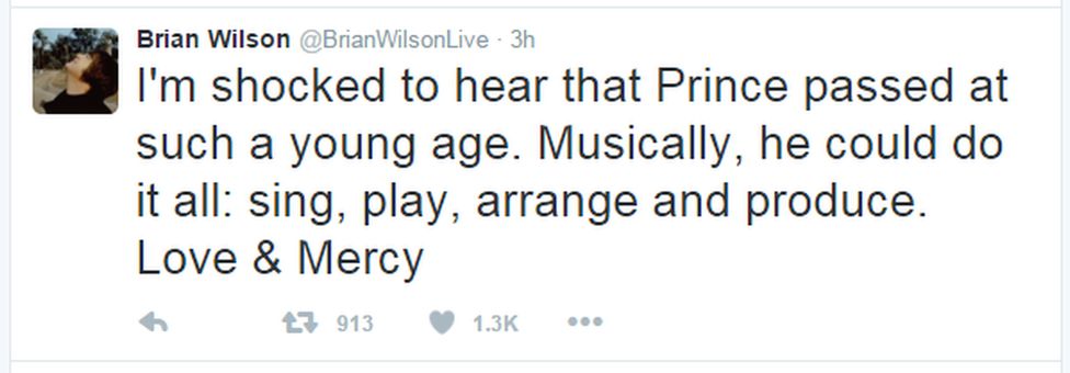 A tweet from Brian Wilson: "I'm shocked to hear that Prince passed at such a young age. Musically, he could do it all: sing, play, arrange and produce. Love & Mercy"