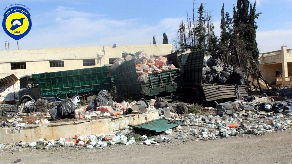 Destroyed aid destined for civilians in Urum al-Kubra