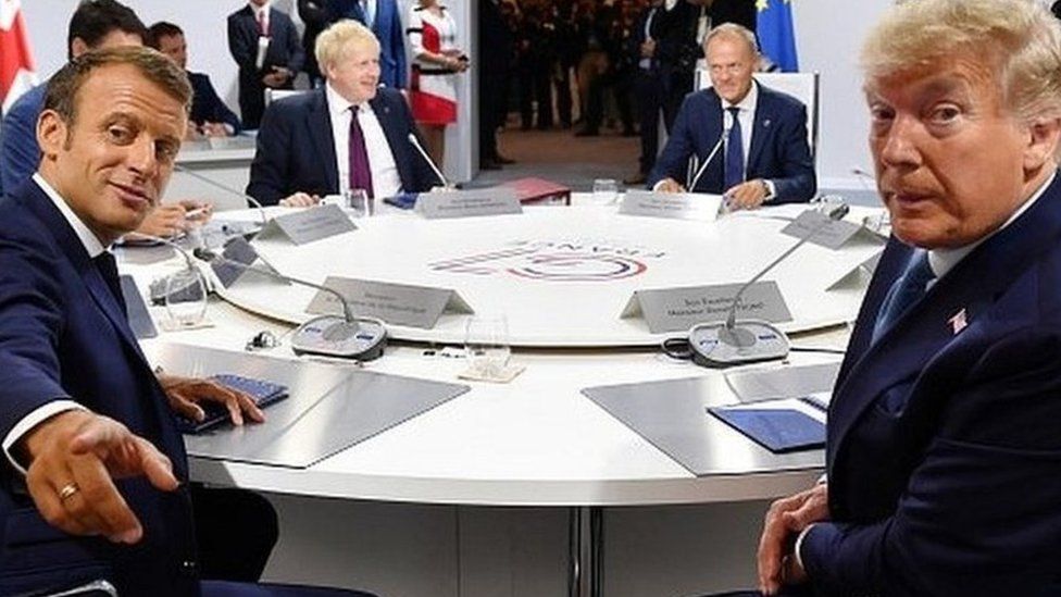 Emmanuel Macron, Donald Trump and Boris Johnson at the recent G7 summit in Biarritz