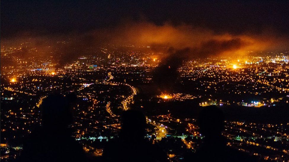 Eleventh Night bonfires in Belfast in 2017, viewed from the top of Cave Hill