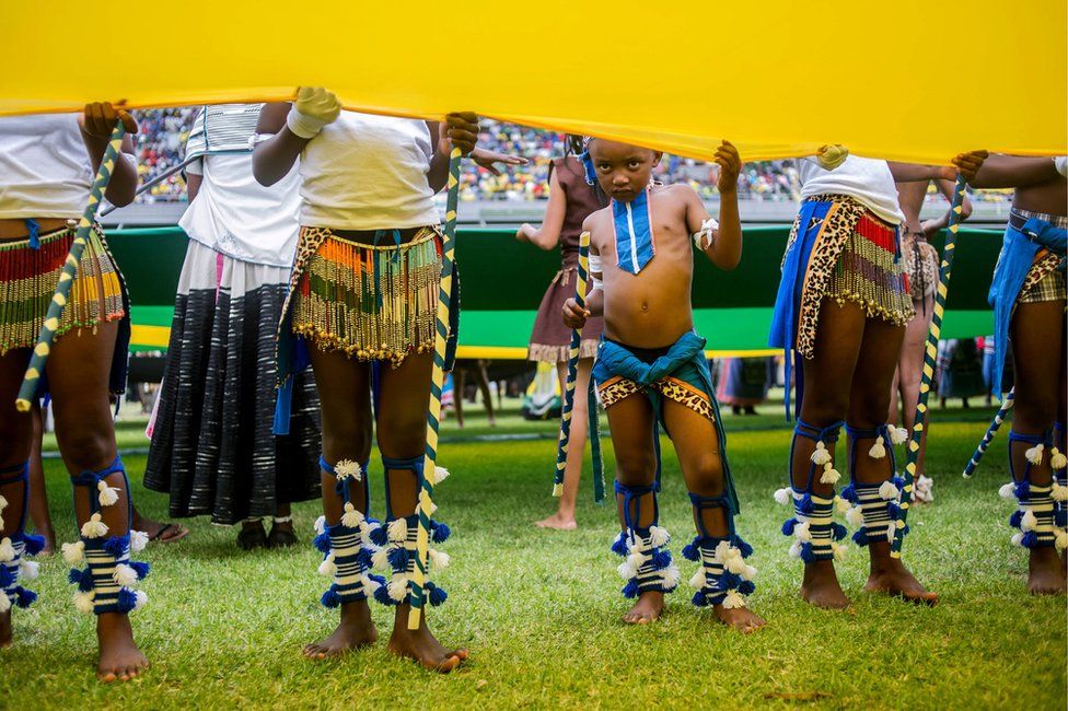 Entertainers perform during the African National Congress" 106th anniversary celebrations at Absa Stadium in East London on January 13, 2018