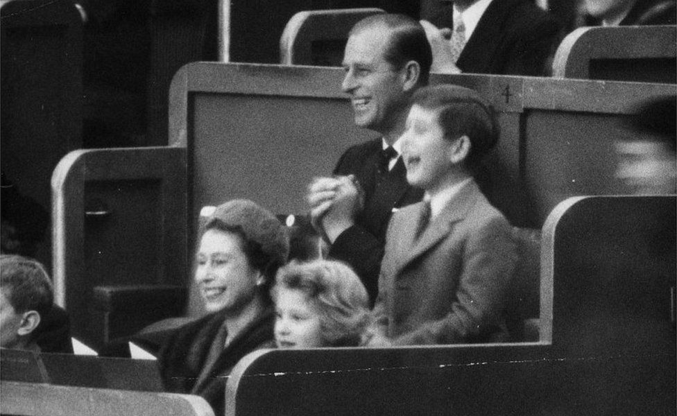 Queen Elizabeth II, the Duke of Edinburgh, Princess Anne and Prince Charles at Bertram Mills Circus at Olympia