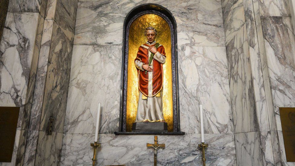 A view of the chapel with the statue and relics of patron saint of love, St. Valentine, inside Whitefriar Church in Dublin.