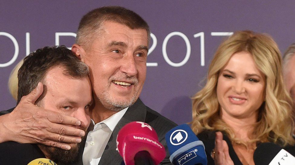 Czech billionaire Andrej Babis (C,R), chairman of the ANO movement (YES) kisses Marek Prchal, PR manager of ANO for social media at ANO headquarter after Czech elections on October 21, 2017 in Prague.
