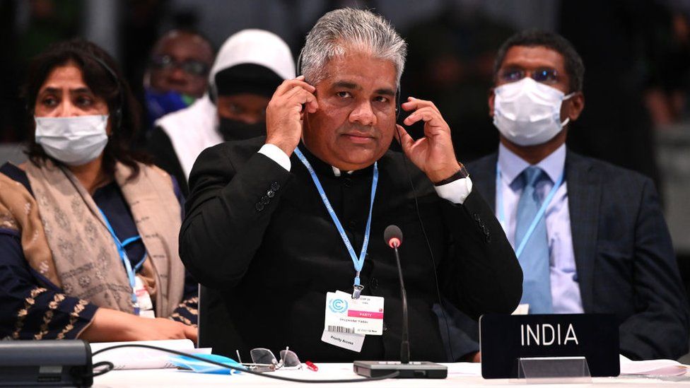 India's environment minister Bhupender Yadav attends the Closing Plenary of the COP26 Climate Summit at SECC on November 13, 2021 in Glasgow, Scotland.