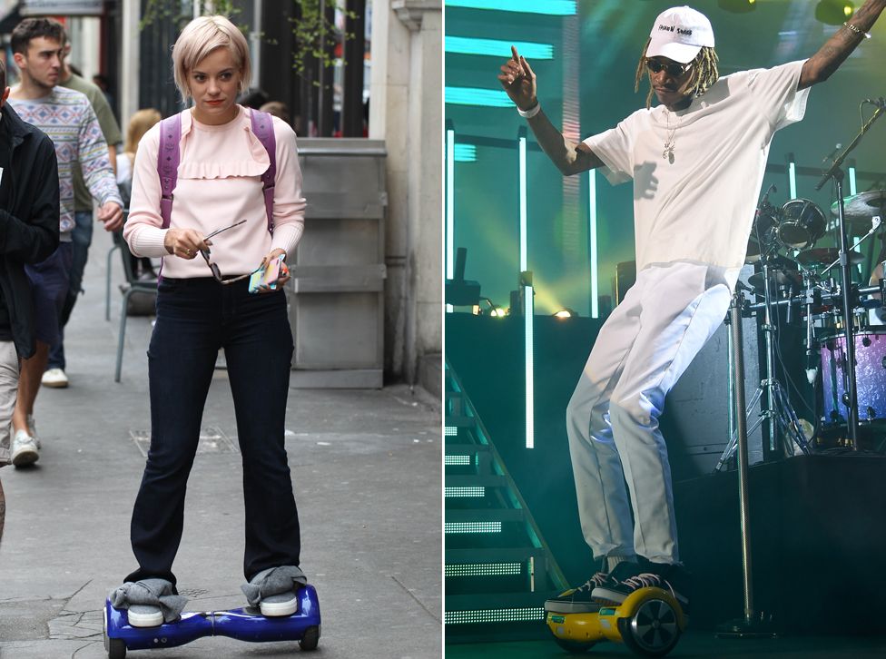 Lily Allen (l); Wiz Khalifa (r) on hoverboards