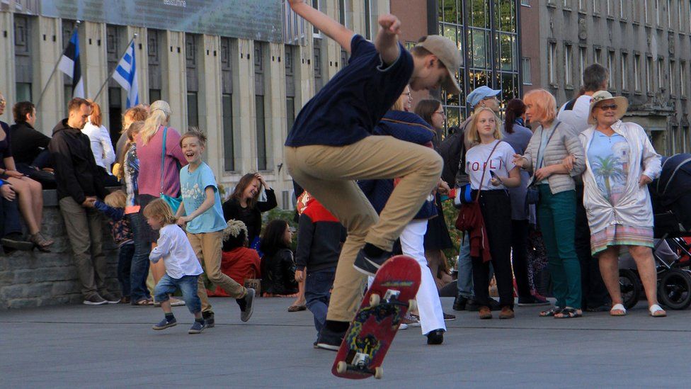 A skateboarder in Tallinn's Freedom Square