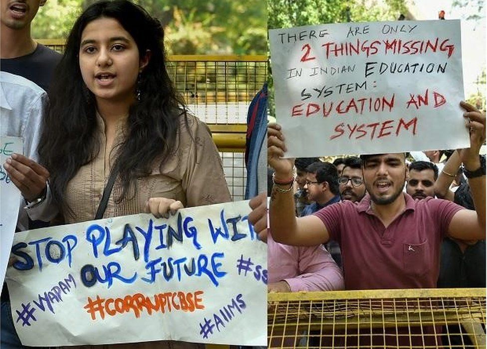 Студенты CBSE протестуют против предполагаемой утечки бумаги в Джантар Мантар в Нью-Дели в четверг. Т