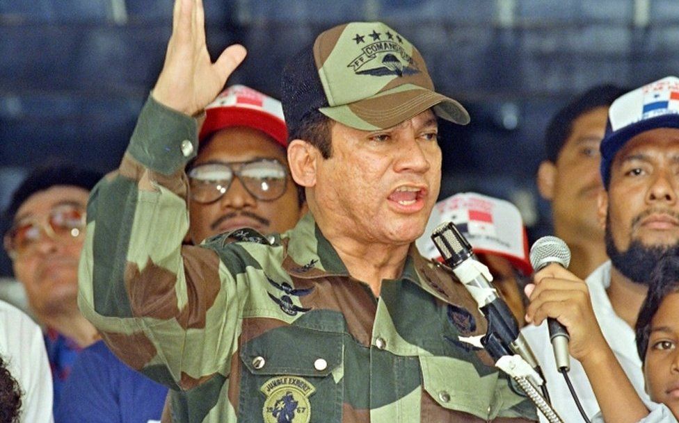 General Manuel Antonio Noriega speaks 20 May 1988 in Panama City during the presentation of colours to the San Miguel Arcangel de San Miguelito volunteer battalion.