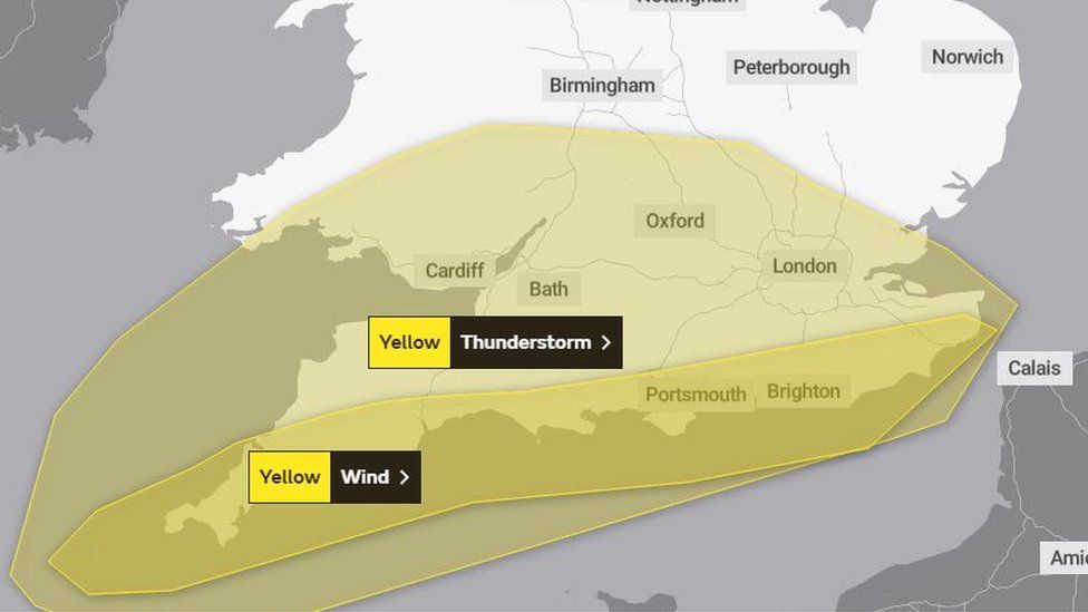 Met Office map showing yellow warnings for thunderstorms and wind