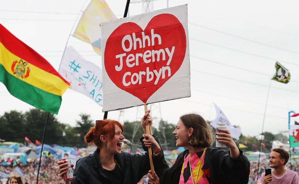 A pro Jeremy Corbyn banner in the crowd during his speech at the Glastonbury festival in June 2017